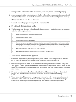 Page 12❏Use a grounded outlet that matches the printer’s power plug. Do not use an adapter plug.
❏Avoid using an electrical o u t l e t  t h a t  i s  c o n t r o l l e d  b y  w a l l  s witches or automatic timers. Accidental
disruption of power can erase valuable information in your computer’s and printer’s memory.
❏Make sure that there is no dust on the socket.
❏Be sure to insert the plug completely into the electrical outlet.
❏Do not handle the plug with wet hands.
❏Unplug this printer from the wall outlet...