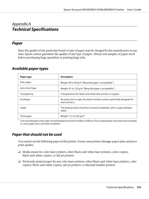 Page 151Appendix A
Technical Specifications
Paper
Since the quality of any particular brand or type of paper may be changed by the manufacturer at any
time, Epson cannot guarantee the quality of any type of paper. Always test samples of paper stock
before purchasing large quantities or printing large jobs.
Available paper types
Paper type Description
Plain paper
Weight: 60 to 90 g/m2 (Recycled paper is acceptable.
*)
Semi-thick Paper
Weight: 91 to 120 g/m2 (Recycled paper is acceptable.
*)
Transparency...