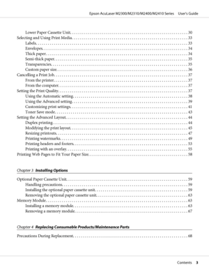 Page 3Lower Paper Cassette Unit........................................................... 30
Selecting and Using Print Media.......................................................... 33
Labels............................................................................ 33
Envelopes......................................................................... 34
Thick paper....................................................................... 34
Semi-thick...