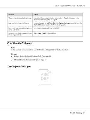 Page 81ProblemAction
The envelope is creased after printing. Ensure that the envelope is loaded as instructed in “Loading Envelope in the
Multipurpose Feeder (MPF)” on page 43.
Page breaks in unexpected places.
Increase the value for Job Time-Out in the System Settings menu, that is on the
Printer Maintenance tab in the Printer Setting Utility.
Print media does not stack neatly in the
center output tray.Turn the print media stack over in the MPF.
Job prints from the wrong source or on
the wrong print...