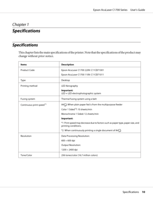 Page 10Chapter 1
Specifications
Specifications
This chapter lists the main specifications of the printer. Note that the specifications of the product may
change without prior notice.
Items Description
Product Code Epson AcuLaser C1700 220V: C11CB71001
Epson AcuLaser C1700 110V: C11CB71011
Type Desktop
Printing method LED Xerography
Important: 
LED + LED electrophotographic system
Fusing system Thermal fusing system using a belt
Continuous print speed
*1A4: When plain paper fed is from the multipurpose feeder...