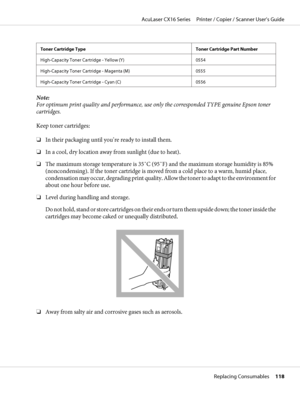 Page 118Toner Cartridge Type Toner Cartridge Part Number
High-Capacity Toner Cartridge - Yellow (Y) 0554
High-Capacity Toner Cartridge - Magenta (M) 0555
High-Capacity Toner Cartridge - Cyan (C) 0556
Note:
For optimum print quality and performance, use only the corresponded TYPE genuine Epson toner
cartridges.
Keep toner cartridges:
❏In their packaging until you’re ready to install them.
❏In a cool, dry location away from sunlight (due to heat).
❏The maximum storage temperature is 35˚C (95˚F) and the maximum...