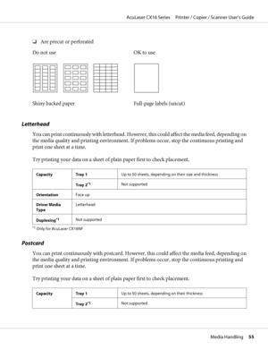 Page 55❏Are precut or perforated
Do not use OK to use
Shiny backed paper Full-page labels (uncut)
Letterhead
You can print continuously with letterhead. However, this could affect the media feed, depending on
the media quality and printing environment. If problems occur, stop the continuous printing and
print one sheet at a time.
Try printing your data on a sheet of plain paper first to check placement.
Capacity Tray 1Up to 50 sheets, depending on their size and thickness
Tray 2
*1Not supported
OrientationFace...