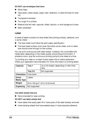 Page 106Print Media 94
DO NOT use envelopes that have
„Sticky flaps
„Tape seals, metal clasps, paper clips, fasteners, or peel-off strips for seal-
ing
„Transparent windows
„Too rough of a surface
„Material that will melt, vaporize, offset, discolor, or emit dangerous fumes
„Been presealed
Label
A sheet of labels consists of a face sheet (the printing surface), adhesive, and 
a carrier sheet:
„The face sheet must follow the plain paper specification.
„The face sheet surface must cover the entire carrier sheet,...