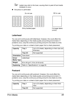 Page 107Print Media 95
Labels may stick to the fuser, causing them to peel off and media 
misfeeds to occur.
„Are precut or perforated
Letterhead
You can print continuously with letterhead. However, this could affect the 
media feed, depending on the media quality and printing environment. If 
problems occur, stop the continuous printing and print one sheet at a time.
Try printing your data on a sheet of plain paper first to check placement.
Postcard
You can print continuously with postcard. However, this could...