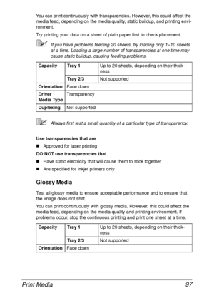 Page 109Print Media 97
You can print continuously with transparencies. However, this could affect the 
media feed, depending on the media quality, static buildup, and printing envi-
ronment.
Try printing your data on a sheet of plain paper first to check placement.
If you have problems feeding 20 sheets, try loading only 1–10 sheets 
at a time. Loading a large number of transparencies at one time may 
cause static buildup, causing feeding problems.
Always first test a small quantity of a particular type of...