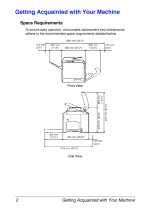 Page 14Getting Acquainted with Your Machine 2
Getting Acquainted with Your Machine
Space Requirements
To ensure easy operation, consumable replacement and maintenance, 
adhere to the recommended space requirements detailed below.
Side View Front View
1355 mm (53.3)
100 mm 
(3.9) 100 mm 
(3.9)
539 mm (21.2)326 mm 
(12.8)
1016 mm (40.0)100 mm 
(3.9) 590 mm (23.2)
907 mm (35.7)
326 mm 
(12.8)290 mm 
(11.4)
329 mm 
(13.0) 578 mm (22.8)
 