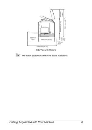 Page 15Getting Acquainted with Your Machine 3
The option appears shaded in the above illustrations.
Side View with Options
1016 mm (40.0)100 mm 
(3.9) 590 mm (28.2)
1018 mm (40.1)
111 mm 
(4.4) 326 mm 
(12.8)
329 mm 
(13.0) 578 mm (22.8)
 