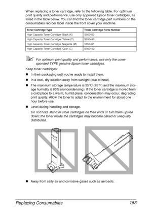 Page 195Replacing Consumables 183
When replacing a toner cartridge, refer to the following table. For optimum 
print quality and performance, use only approved Epson toner cartridges, as 
listed in the table below. You can find the toner cartridge part numbers on the 
consumables reorder label inside the front cover your machine.
For optimum print quality and performance, use only the corre-
sponded TYPE genuine Epson toner cartridges.
Keep toner cartridges: 
„In their packaging until you’re ready to install...