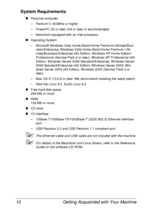 Page 22Getting Acquainted with Your Machine 10
System Requirements
„Personal computer 
– Pentium II: 400MHz or higher
– PowerPC G3 or later (G4 or later is recommended)
– Macintosh equipped with an Intel processor
„Operating System
– Microsoft Windows Vista Home Basic/Home Premium/Ultimate/Busi-
ness/Enterprise, Windows Vista Home Basic/Home Premium/ Ulti-
mate/Business/Enterprise x64 Edition, Windows XP Home Edition/
Professional (Service Pack 2 or later), Windows XP Professional x64 
Edition, Windows Server...