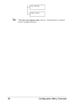 Page 38Configuration Menu Overview 26
* This menu item appears when ADMIN. MANAGEMENT/CAMERA 
DIRECT
 is set to ENABLE.
SCAN SETTING
DIRECT PRINT
*
 