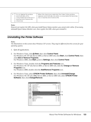 Page 123About the Printer Software for Windows123
Note:
If you do not register the URL when you install Epson Status monitor, you cannot order online. If necessary, 
uninstall Epson Status Monitor once, then register the URL when you reinstall it.
Uninstalling the Printer Software
Note:
The illustrations in this section show Windows XP screens. They may be different from the screens for your 
operating system.
1. Quit all applications.
2. For Windows Vista, click   Start, then click Control Panel.
For Windows...