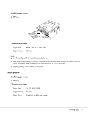 Page 31Printing Tasks31
Available paper source:
❏MP tray
Printer driver settings:
Note:
❏Set the envelope with the printable surface facing up.
❏Depending on the quality of envelopes, the printing environment, or the printing procedure, envelopes 
might be wrinkled. Make a trial print run before you print on a lot of envelopes.
❏Duplex printing is not available for envelopes.
Thick paper
Available paper source:
❏MP tray
Printer driver settings:Paper Size: MON, C10, DL, C5, C6, IB5
Paper Source: MP tray
Paper...