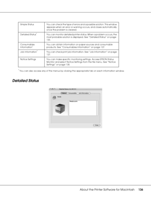 Page 136About the Printer Software for Macintosh136
*You can also access any of the menus by clicking the appropriate tab on each information window.
Detailed Status
Simple  Status You can check the type of errors and a possible solution. This window 
appears when an error or warning occurs, and closes automatically 
once the problem is cleared.
Detailed Status
*You can monitor detailed printer status. When a problem occurs, the 
most probable solution is displayed. See “Detailed Status” on page 
136....