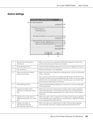 Page 181AcuLaser M4000 Series Users Guide
About the Printer Software for Windows181
Notice Settings
a. Monitor the printing status 
check box:When this check box is selected, EPSON Status Monitor monitors the 
printer status during a print job is processed.
b. More Settings button: Opens the More Settings dialog box to set how to display the tray icon.
c. Pop-up Notice: Sets the notification to be displayed.
d. Allow monitoring of shared 
printers check box:When this check box is selected, a shared printer can...