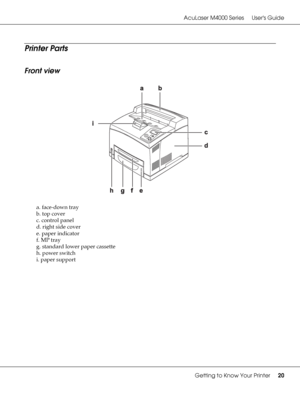 Page 20AcuLaser M4000 Series Users Guide
Getting to Know Your Printer20
Printer Parts
Front view
a. face-down tray
b. top cover
c. control panel
d. right side cover
e. paper indicator
f. MP tray
g. standard lower paper cassette
h. power switch
i. paper support
 