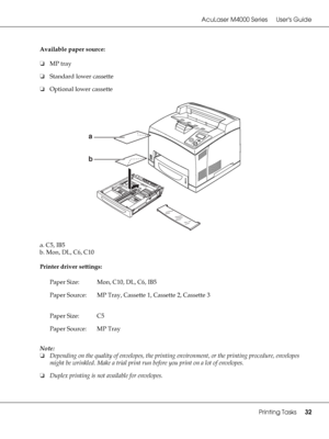 Page 32AcuLaser M4000 Series Users Guide
Printing Tasks32
Available paper source:
❏MP tray
❏Standard lower cassette
❏Optional lower cassette
a. C5, IB5
b. Mon, DL, C6, C10
Printer driver settings:
Note:
❏Depending on the quality of envelopes, the printing environment, or the printing procedure, envelopes 
might be wrinkled. Make a trial print run before you print on a lot of envelopes.
❏Duplex printing is not available for envelopes. Paper Size: Mon, C10, DL, C6, IB5
Paper Source: MP Tray, Cassette 1, Cassette...