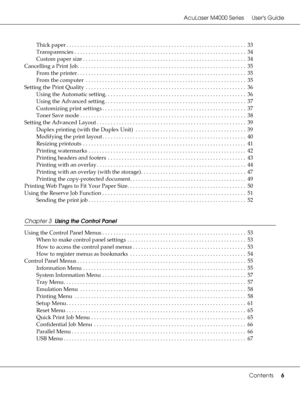 Page 6AcuLaser M4000 Series Users Guide
Contents6
Thick paper . . . . . . . . . . . . . . . . . . . . . . . . . . . . . . . . . . . . . . . . . . . . . . . . . . . . . . . . . . . . . . . . .  33
Transparencies . . . . . . . . . . . . . . . . . . . . . . . . . . . . . . . . . . . . . . . . . . . . . . . . . . . . . . . . . . . . . .  34
Custom paper size . . . . . . . . . . . . . . . . . . . . . . . . . . . . . . . . . . . . . . . . . . . . . . . . . . . . . . . . . . .  34
Cancelling a Print Job. . . . . . ....