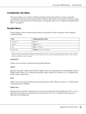 Page 66AcuLaser M4000 Series Users Guide
Using the Control Panel66
Confidential Job Menu
This menu allows you to print or delete print jobs stored in the printer’s memory using the 
Confidential Job feature of the printer driver’s Reserve Job function. You need to enter the correct 
password to access this data. For instructions on using this menu, see “Using the Confidential Job 
Menu” on page 92.
Parallel Menu
These settings control communication between the printer and the computer when using the 
parallel...