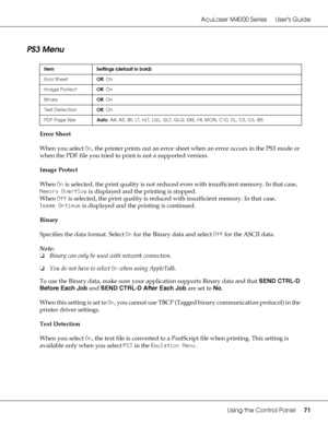 Page 71AcuLaser M4000 Series Users Guide
Using the Control Panel71
PS3 Menu
Error Sheet
When you select On, the printer prints out an error sheet when an error occurs in the PS3 mode or 
when the PDF file you tried to print is not a supported version.
Image Protect
When On is selected, the print quality is not reduced even with insufficient memory. In that case, 
Memory Overflow is displayed and the printing is stopped. 
When Off is selected, the print quality is reduced with insufficient memory. In that case,...