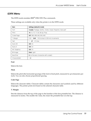 Page 77AcuLaser M4000 Series Users Guide
Using the Control Panel77
I239X Menu
The I239X mode emulates IBM® 2390/2391 Plus commands.
These settings are available only when the printer is in the I239X mode.
Font
Selects the font.
Pitch
Selects the pitch (the horizontal spacing) of the font in fixed pitch, measured in cpi (characters per 
inch). You can also choose proportional spacing.
Code Page
Selects the character tables. Character tables contain the characters and symbols used by different 
languages. The...