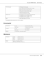 Page 200AcuLaser M4000 Series Users Guide
Technical Specifications200
*Printing speed varies by paper source or other conditions.
Environmental
Mechanical
Printer language: ECP/Page printer language
ESC/P 2 24-pin printer emulation (ESC/P 2 mode)
ESC/P 9-pin printer emulation (FX mode)
IBM Proprinter emulation (I239X mode)
Adobe PostScript3 (PS3 mode)
PCL6/PCL5 emulation (PCL mode)
Resident fonts: 84 scalable fonts, and 7 bitmap fonts for ESC/Page
95 scalable fonts, and 5 bitmap for PCL5
80 scalable fonts, and 1...