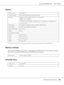 Page 205AcuLaser M4000 Series Users Guide
Technical Specifications205
Stacker
*This product conforms to CE marking requirements in accordance with EMC Directive 2004/108/EC.
Memory modules
Make sure that DIMM you purchase is compatible with EPSON products. For details, contact the 
store where you purchased this printer or the EPSON sales company.
Hard Disk Drive
Product code: C12C802111
Output capacity: Up to 500 sheets (When using 80 g/m² paper)
Paper size: Regular or custom paper sizes within the following...