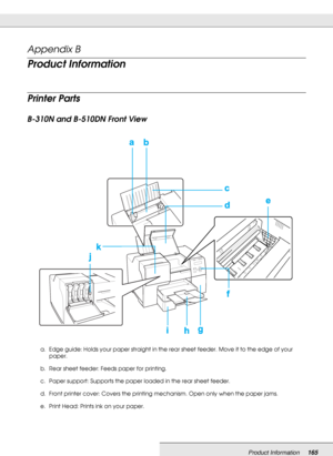 Page 165Product Information165
Appendix B 
Product Information
Printer Parts
B-310N and B-510DN Front View
a. Edge guide: Holds your paper straight in the rear sheet feeder. Move it to the edge of your 
paper.
b. Rear sheet feeder: Feeds paper for printing.
c. Paper support: Supports the paper loaded in the rear sheet feeder.
d. Front printer cover: Covers the printing mechanism. Open only when the paper jams.
e. Print Head: Prints ink on your paper.
 