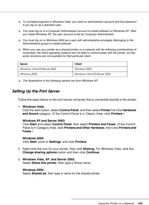Page 154Using the Printer on a Network154
❏To uninstall programs in Windows Vista, you need an administrator account and the password 
if you log on as a standard user.
❏You must log on to a Computer Administrator account to install software on Windows XP. After 
you install Windows XP, the user account is set as Computer Administrator.
❏You must log on to Windows 2000 as a user with administrative privileges (belonging to the 
Administrators group) to install software.
❏When you use your printer as a shared...