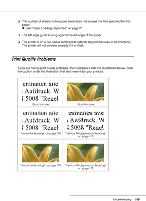 Page 169Troubleshooting169
❏The number of sheets in the paper stack does not exceed the limit specified for that 
paper.
&See “Paper Loading Capacities” on page 21.
❏The left edge guide is snug against the left edge of the paper.
❏The printer is on a flat, stable surface that extends beyond the base in all directions. 
The printer will not operate properly if it is tilted.
Print Quality Problems
If you are having print quality problems, then compare it with the illustrations below. Click 
the caption under the...