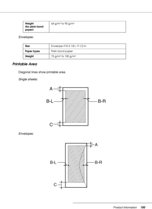 Page 190Product Information190
Envelopes:
Printable Area
Diagonal lines show printable area.
Single sheets: 
Envelopes:
Weight 
(for plain bond 
paper) 64 g/m² to 90 g/m²
SizeEnvelope #10 4 1/8×9 1/2 in.
Paper typesPlain bond paper
Weight75 g/m² to 100 g/m²
A
C B-L B-R
A
B-R
B-L
C
 