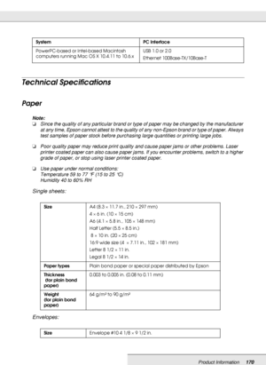 Page 170Product Information170
Technical Specifications
Paper
Note:
❏Since the quality of any particular brand or type of paper may be changed by the manufacturer 
at any time, Epson cannot attest to the quality of any non-Epson brand or type of paper. Always 
test samples of paper stock before purchasing large quantities or printing large jobs.
❏Poor quality paper may reduce print quality and cause paper jams or other problems. Laser 
printer coated paper can also cause paper jams. If you encounter problems,...