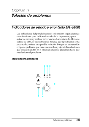 Page 344Solución de problemas344
11
11
11
11
11
11
11
11
11
11
11
11
Capítulo 11
Solución de problemas
Indicadores de estado y error (sólo EPL-6200)
Los indicadores del panel de control se iluminan según distintas 
combinaciones para indicar el estado de la impresora y para 
avisar de errores y realizar advertencias. La ventana de Alerta de 
Estado de EPSON Status Monitor 3 indica qué tipo de error se ha 
producido y ofrece una posible solución. Busque en esta sección 
el tipo de problema que tiene que resolver...