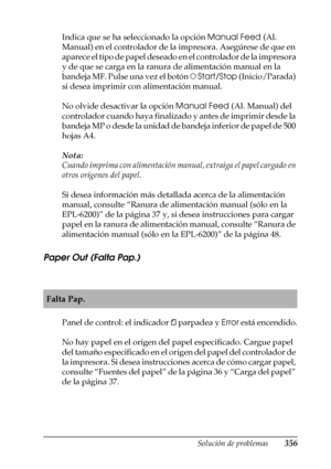 Page 356Solución de problemas356
11
11
11
11
11
11
11
11
11
11
11
11
Indica que se ha seleccionado la opción Manual Feed (Al. 
Manual) en el controlador de la impresora. Asegúrese de que en 
aparece el tipo de papel deseado en el controlador de la impresora 
y de que se carga en la ranura de alimentación manual en la 
bandeja MF. Pulse una vez el botón N Start/Stop (Inicio/Parada) 
si desea imprimir con alimentación manual.
No olvide desactivar la opción Manual Feed (Al. Manual) del 
controlador cuando haya...