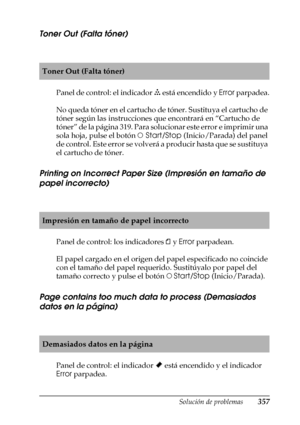 Page 357Solución de problemas357
11
11
11
11
11
11
11
11
11
11
11
11
Toner Out (Falta tóner)
Panel de control: el indicador v está encendido y Error parpadea.
No queda tóner en el cartucho de tóner. Sustituya el cartucho de 
tóner según las instrucciones que encontrará en “Cartucho de 
t ó n e r ”  d e  l a  p á g i n a  3 1 9 .  P a r a  s o l u c i o n a r  e s t e  e r r o r  e  i m p r i m i r  u n a  
sola hoja, pulse el botón N Start/Stop (Inicio/Parada) del panel 
de control. Este error se volverá a...