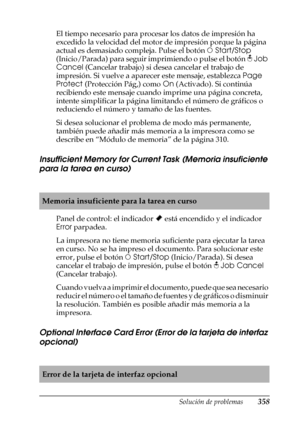 Page 358Solución de problemas358
11
11
11
11
11
11
11
11
11
11
11
11
El tiempo necesario para procesar los datos de impresión ha 
excedido la velocidad del motor de impresión porque la página 
actual es demasiado compleja. Pulse el botón N Start/Stop 
(Inicio/Parada) para seguir imprimiendo o pulse el botón q Job 
Cancel (Cancelar trabajo) si desea cancelar el trabajo de 
impresión. Si vuelve a aparecer este mensaje, establezca Page 
Protect (Protección Pág,) como On (Activado). Si continúa 
recibiendo este...