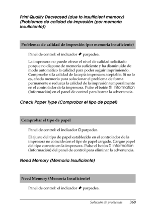 Page 360Solución de problemas360
11
11
11
11
11
11
11
11
11
11
11
11
Print Quality Decreased (due to insufficient memory) 
(Problemas de calidad de impresión (por memoria 
insuficiente))
Panel de control: el indicador ~ parpadea.
La impresora no puede ofrece el nivel de calidad solicitado 
porque no dispone de memoria suficiente y ha disminuido de 
modo automático la calidad para poder seguir imprimiendo. 
Compruebe si la calidad de la copia impresa es aceptable. Si no lo 
es, añada memoria para solucionar el...