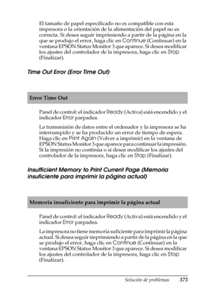 Page 373Solución de problemas373
11
11
11
11
11
11
11
11
11
11
11
11
El tamaño de papel especificado no es compatible con esta 
impresora o la orientación de la alimentación del papel no es 
correcta. Si desea seguir imprimiendo a partir de la página en la 
que se produjo el error, haga clic en Continue (Continuar) en la 
ventana EPSON Status Monitor 3 que aparece. Si desea modificar 
los ajustes del controlador de la impresora, haga clic en Stop 
(Finalizar).
Time Out Error (Error Time Out)
Panel de control: el...