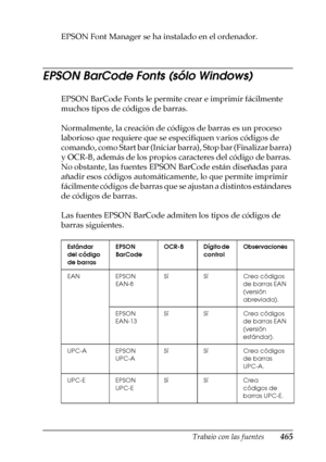 Page 465Trabajo con las fuentes465
C
C
C
C
C
C
C
C
C
C
C
C
EPSON Font Manager se ha instalado en el ordenador.
EPSON BarCode Fonts (sólo Windows)
EPSON BarCode Fonts le permite crear e imprimir fácilmente 
muchos tipos de códigos de barras.
Normalmente, la creación de códigos de barras es un proceso 
laborioso que requiere que se especifiquen varios códigos de 
comando, como Start bar (Iniciar barra), Stop bar (Finalizar barra) 
y OCR-B, además de los propios caracteres del código de barras. 
No obstante, las...