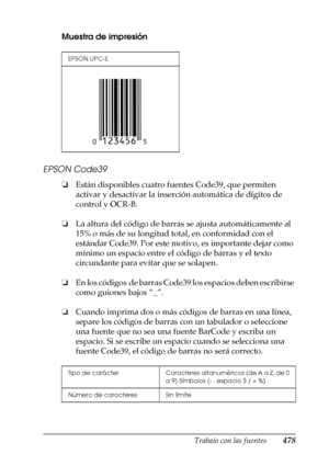 Page 478Trabajo con las fuentes478
C
C
C
C
C
C
C
C
C
C
C
C
Muestra de impresión
EPSON Code39
❏Están disponibles cuatro fuentes Code39, que permiten 
activar y desactivar la inserción automática de dígitos de 
control y OCR-B.
❏La altura del código de barras se ajusta automáticamente al 
15% o más de su longitud total, en conformidad con el 
estándar Code39. Por este motivo, es importante dejar como 
mínimo un espacio entre el código de barras y el texto 
circundante para evitar que se solapen.
❏En los códigos de...