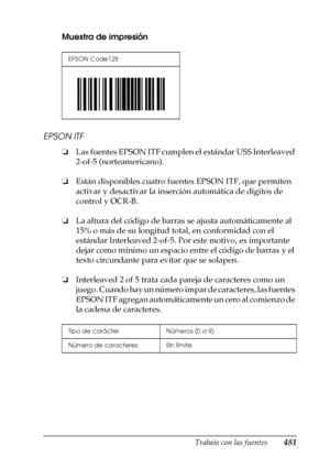 Page 481Trabajo con las fuentes481
C
C
C
C
C
C
C
C
C
C
C
C
Muestra de impresión
EPSON ITF
❏Las fuentes EPSON ITF cumplen el estándar USS Interleaved 
2-of-5 (norteamericano).
❏Están disponibles cuatro fuentes EPSON ITF, que permiten 
activar y desactivar la inserción automática de dígitos de 
control y OCR-B.
❏La altura del código de barras se ajusta automáticamente al 
15% o más de su longitud total, en conformidad con el 
estándar Interleaved 2-of-5. Por este motivo, es importante 
dejar como mínimo un espacio...