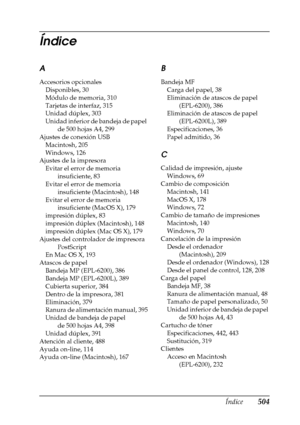 Page 504Índice504
Índice
A
Accesorios opcionales
Disponibles, 30
Módulo de memoria, 310
Tarjetas de interfaz, 315
Unidad dúplex, 303
Unidad inferior de bandeja de papel 
de 500 hojas A4, 299
Ajustes de conexión USB
Macintosh, 205
Windows, 126
Ajustes de la impresora
Evitar el error de memoria 
insuficiente, 83
Evitar el error de memoria 
insuficiente (Macintosh), 148
Evitar el error de memoria 
insuficiente (MacOS X), 179
impresión dúplex, 83
impresión dúplex (Macintosh), 148
impresión dúplex (Mac OS X), 179...