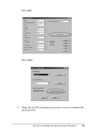 Page 82Uso del controlador de impresora para Windows82
3
3
3
3
3
3
3
3
3
3
3
3
EPL-6200
EPL-6200L
3. Haga clic en OK (Aceptar) para poner a cero el contador del 
nivel de CUF.
 