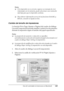 Page 140Uso del controlador de impresora en Macintosh140
4
4
4
4
4
4
4
4
4
4
4
4
Nota:
❏Si la impresión no es correcta o aparece un mensaje de error 
relacionado con la memoria, puede seleccionar una resolución 
más baja para que la impresión continúe.
❏Para obtener información acerca de las funciones Enh.MG y 
RITech, consulte la Ayuda on-line.
Cambio de tamaño de impresiones
La función Fit to Page (Ajustar a Página) del cuadro de diálogo 
Layout (Composición) permite ampliar o reducir los documentos 
durante...