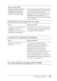 Page 404Solución de problemas404
11
11
11
11
11
11
11
11
11
11
11
11
Sólo para EPL-6200
El ajusteImage Optimum 
(Imagen óptima) puede 
configurarse como Auto 
(Auto) o On (Activada).
Si éste fuera el caso, podrían imprimirse 
otras fuentes distintas de las que espera 
para aumentar la velocidad de 
impresión. Desactive el ajuste Image 
Optimum (Imagen óptima) en la 
utilidad Remote Control Panel (Panel de 
control remoto).
La posición de la copia impresa no es correcta.
Causa Qué se puede hacer
La longitud y los...