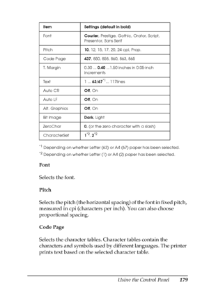 Page 179Using the Control Panel179
7
7
7
7
7
7
7
7
7
7
7
7
*1Depending on whether Letter (63) or A4 (67) paper has been selected.
*2Depending on whether Letter (1) or A4 (2) paper has been selected.
Font
Selects the font.
Pitch
Selects the pitch (the horizontal spacing) of the font in fixed pitch, 
measured in cpi (characters per inch). You can also choose 
proportional spacing.
Code Page
Selects the character tables. Character tables contain the 
characters and symbols used by different languages. The printer...