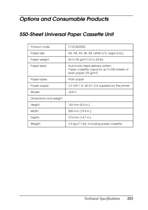 Page 283Technical Specifications283
B
B
B
B
B
B
B
B
B
B
B
B
Options and Consumable Products
550-Sheet Universal Paper Cassette Unit
Product code: C12C802002
Paper size: A5, A4, A3, B5, B4, Letter (LT), Legal (LGL)
Paper weight: 60 to 90 g/m² (16 to 24 lb)
Paper feed: Automatic feed delivery system
Paper cassette capacity up to 550 sheets of 
plain paper (75 g/m²)
Paper types: Plain paper
Power supply: 3.3 V/0.1 A, 24 V/1.2 A supplied by the printer
Model: JDA-3
Dimensions and weight:
Height: 143 mm (5.6 in.)...