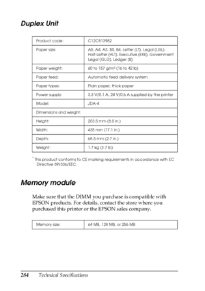 Page 284284Technical Specifications
Duplex Unit
*This product conforms to CE marking requirements in accordance with EC 
Directive 89/336/EEC.
Memory module
Make sure that the DIMM you purchase is compatible with 
EPSON products. For details, contact the store where you 
purchased this printer or the EPSON sales company.
Product code: C12C813982
Paper size: A5, A4, A3, B5, B4, Letter (LT), Legal (LGL), 
Half-Letter (HLT), Executive (EXE), Government 
Legal (GLG), Ledger (B)
Paper weight: 60 to 157 g/m² (16 to 42...