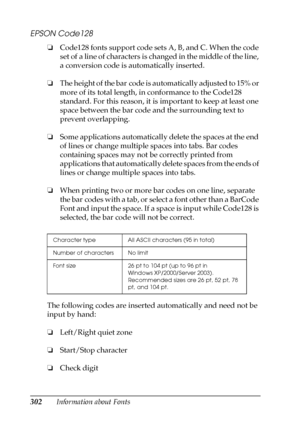 Page 302302Information about Fonts
EPSON Code128
❏Code128 fonts support code sets A, B, and C. When the code 
set of a line of characters is changed in the middle of the line, 
a conversion code is automatically inserted.
❏The height of the bar code is automatically adjusted to 15% or 
more of its total length, in conformance to the Code128 
standard. For this reason, it is important to keep at least one 
space between the bar code and the surrounding text to 
prevent overlapping.
❏Some applications...