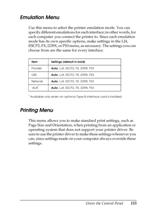 Page 155Using the Control Panel155
7
7
7
7
7
7
7
7
7
7
7
7
Emulation Menu
Use this menu to select the printer emulation mode. You can 
specify different emulations for each interface; in other words, for 
each computer you connect the printer to. Since each emulation 
mode has its own specific options, make settings in the LJ4, 
ESCP2, FX, I239X, or PS3 menu, as necessary. The settings you can 
choose from are the same for every interface.
*Available only when an optional Type-B interface card is installed....